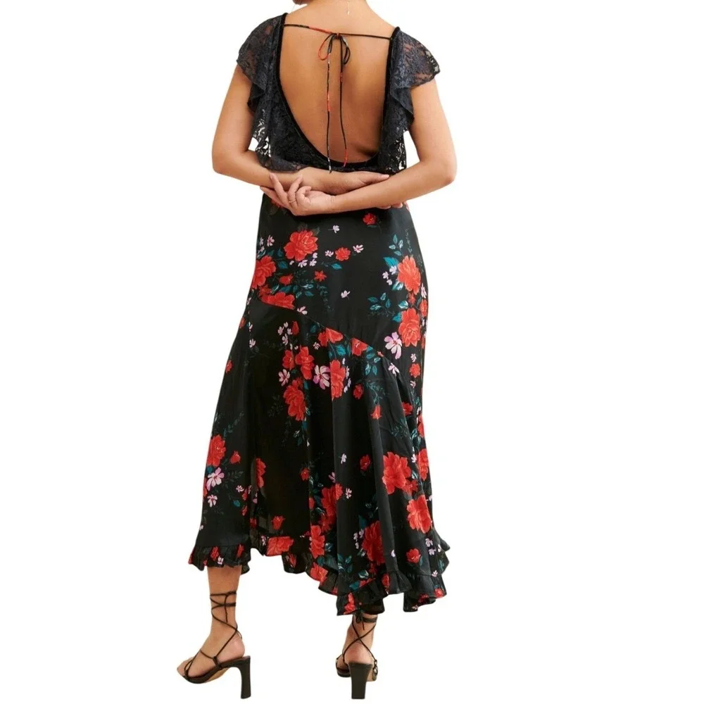 Free People Dark Romance Lace Trim Floral Satin Maxi Dress Black Red Rose V-Neck